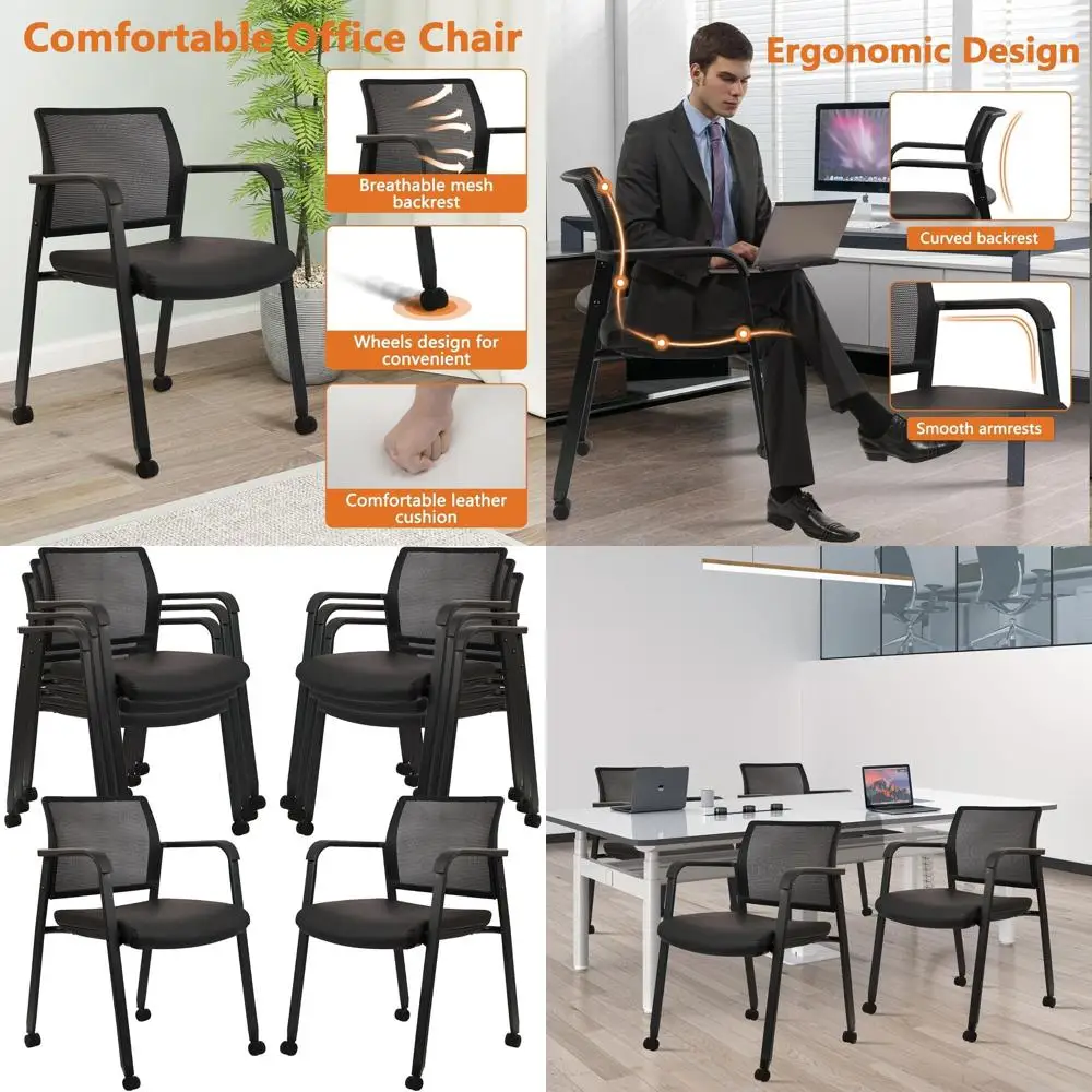 

Штабелируемые офисные стулья с сетчатой спинкой и колесиками, удобная кожаная подушка, черные, 8 шт.