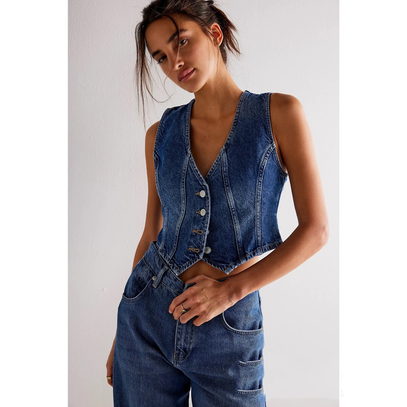 

Adjustable Women's Denim Vest Faion Casual V-Ne New Arrival Cross-Border Small Jaet ort Length Other Material 00%