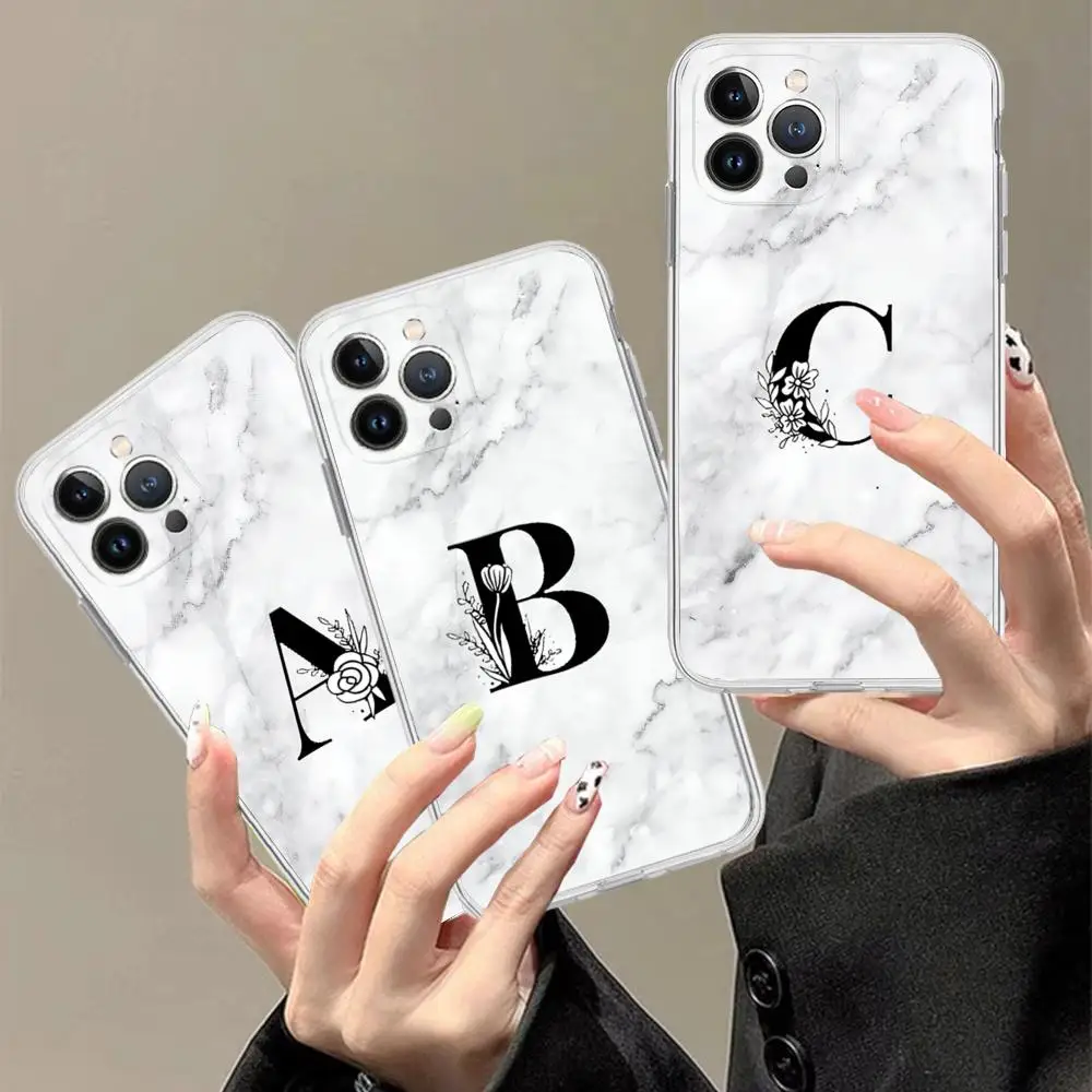 Fashion Marble LetterS Phone Case For iPhone 15 14 13 12 Mini 11 Pro XS Max X XR SE 6 7 8 Plus Soft Silicone Cover