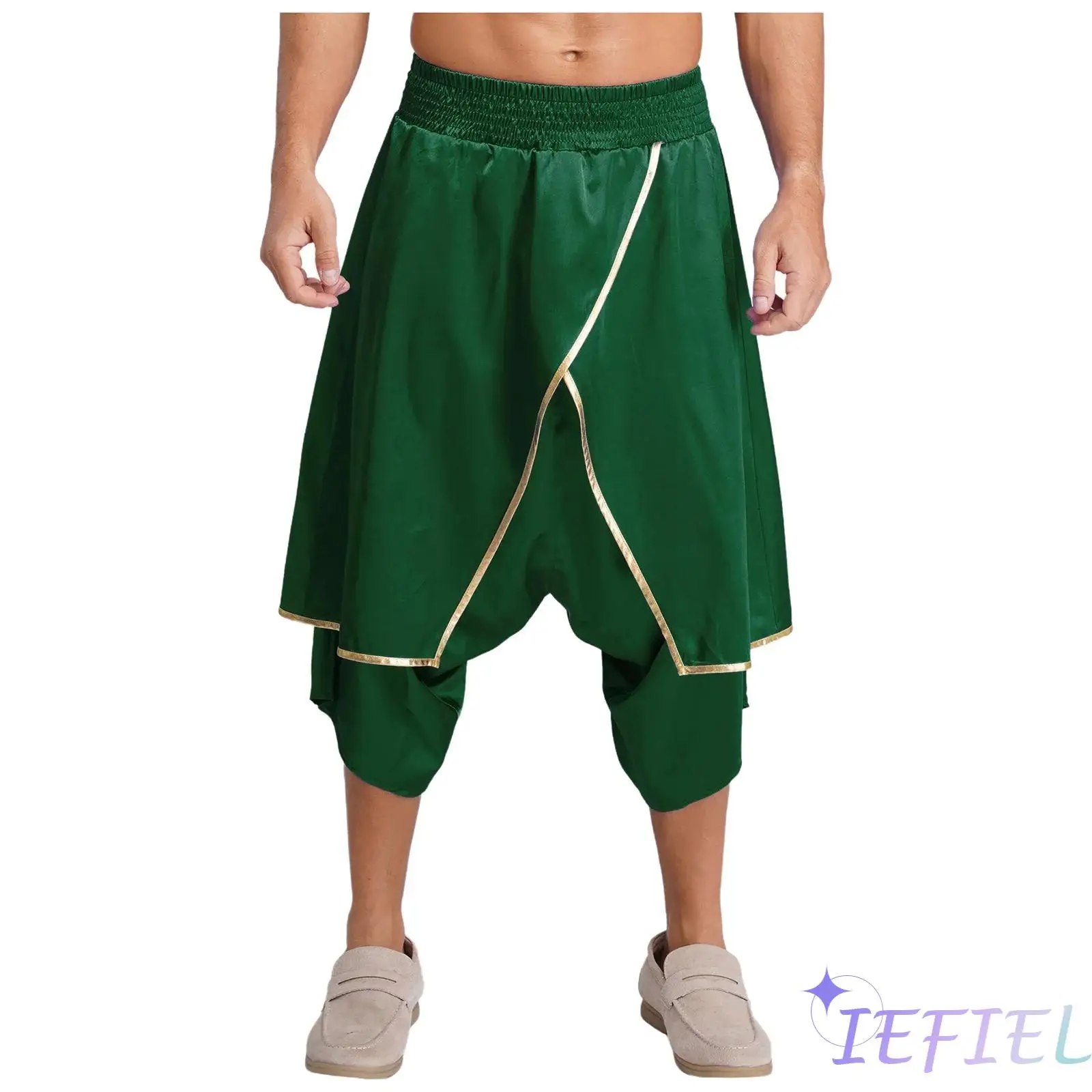 

Men Arab Hippie Harem Pants Irregular Overlay Metallic Trim Widen Elastic Waistband Loose Lantern Pants Satiny India Dhoti Pants