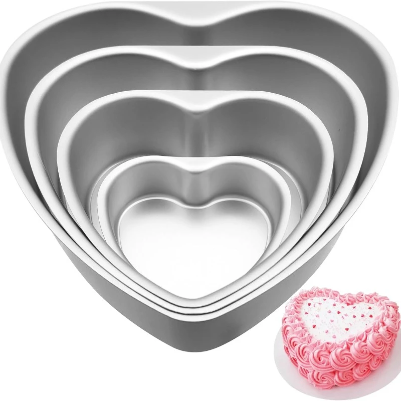 Aluminum Heart Shaped 4pcs Nonstick Baking Pan Removable Bottom 4/6/8/10 Inches Cake Mold for Valentine's Day Wedding Birthday