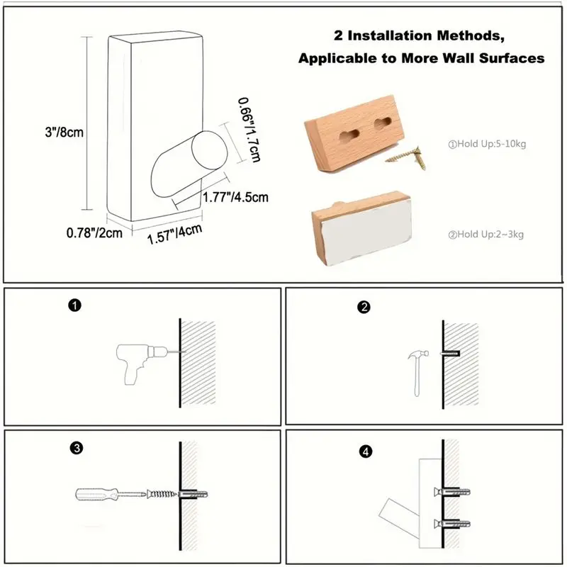 ABCA-4Pcs Solid Wooden Hook, Wall Free Punching Door Back Hook,Entryway Hook, Changing Room Clothes, Coat Room Wooden Hook