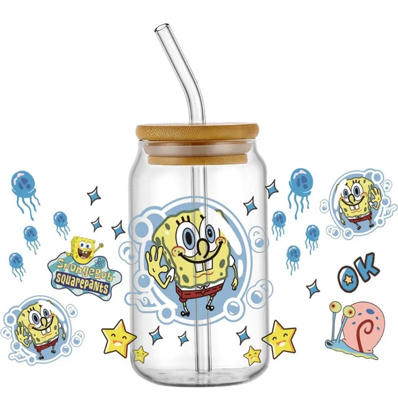 Cartoon Sponge Baby UV DTF Sticker For 16OZ Libbey Glass Cup Can Wrap Transfer Sticker Custom Labels DIY Logo