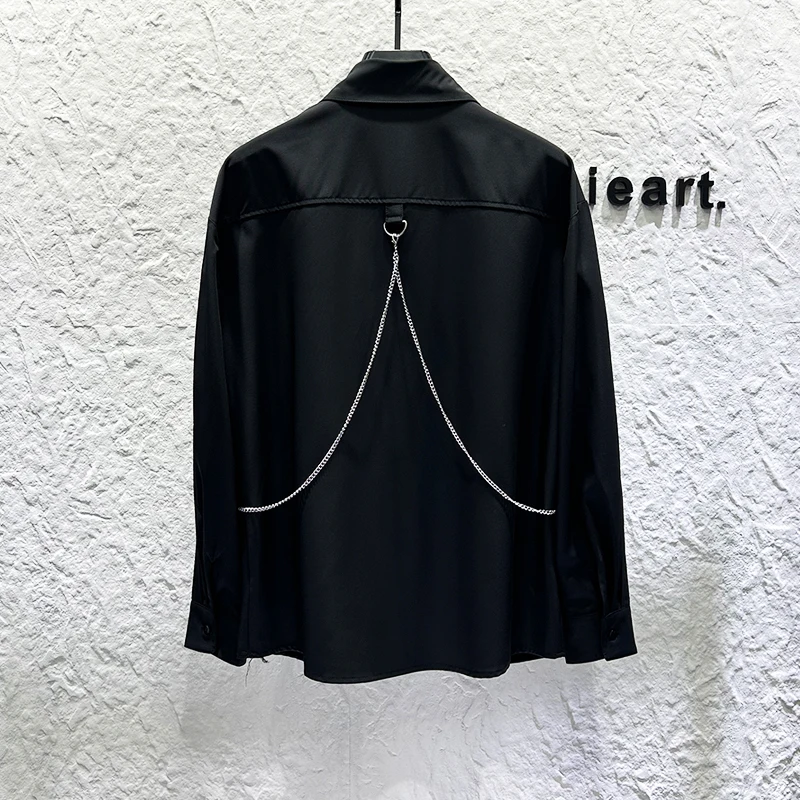 2025 New Personality Functional Workwear Metal Chain Design Shirt Men's High Street Trend Versatile Loose Long Sleeve Shirt