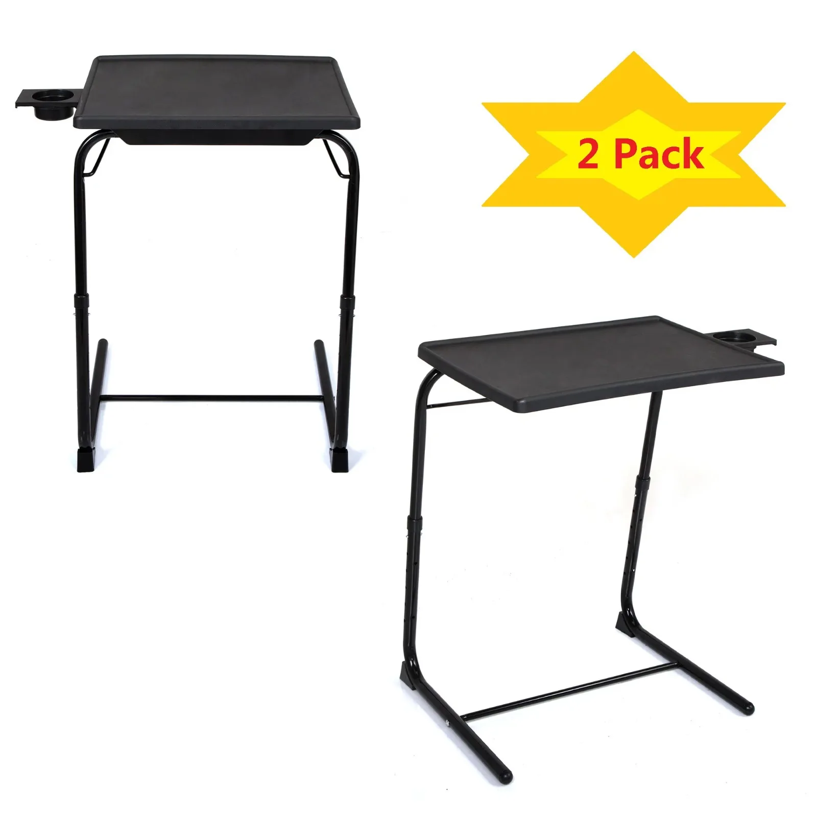 US 2-Pack Folding Laptop Table Adjustable Height Tray Table w/Built-in Cup Holder