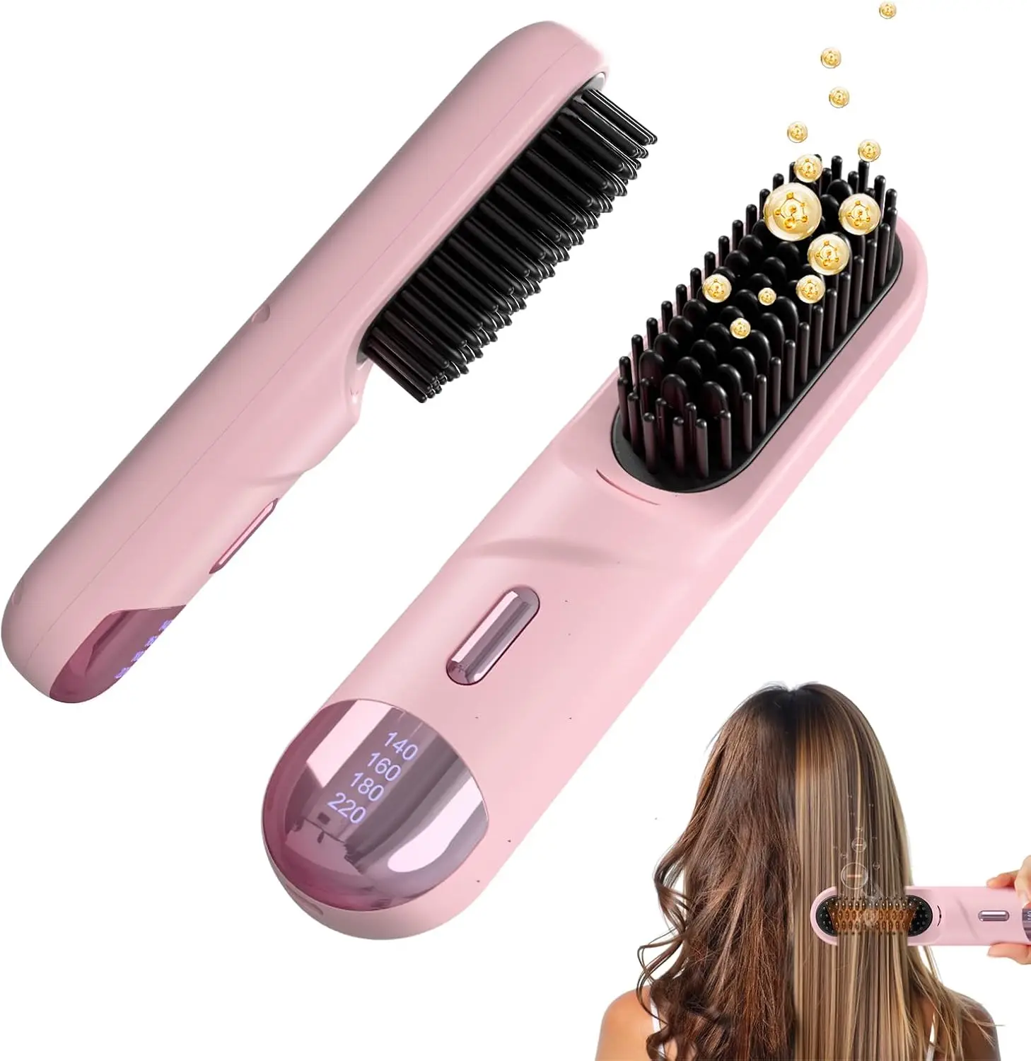 

Portable Cordless Hair Straightener Brush with 300M Ions, Fast Heating 4 Temps for Smooth Frizz-Free Hair Travel Gift Light Pink