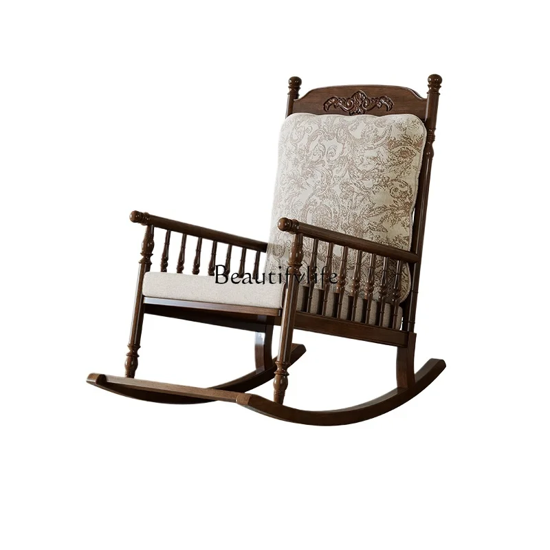 

American retro solid wood rocking chair recliner adult sleeping balcony lazy leisure chair