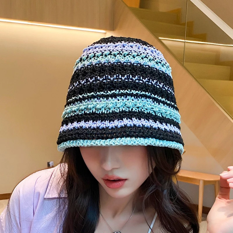 Summer Versatile Hollow Breathable Sunscreen Korean Trendy Knitted Striped Bucket Hat .Handmade Crochet Outdoor Beach Sun Cap