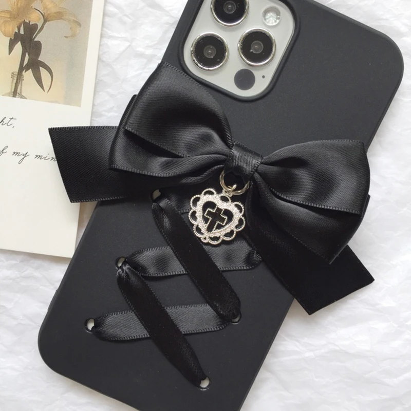Harajuku كول الأسود الشريط Bowknot اليدوية جراب هاتف آيفون 1615 14 13 12 برو ماكس X XS XR غالاكسي القوطية Y2k غطاء أسود #4