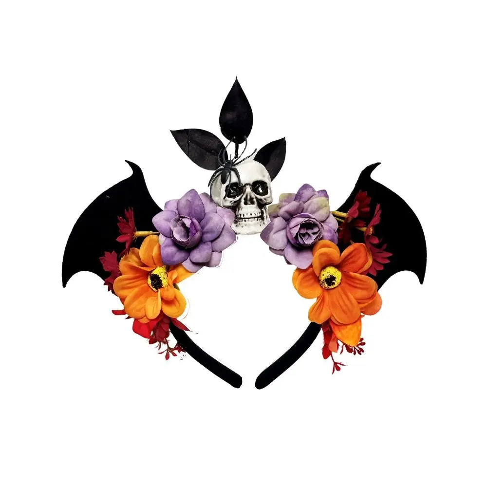 Dark Skull Head Headband Halloween Decor Bat Halloween Skull Headband Simulation Flowers Gothic Day of The Dead Headband Cosplay