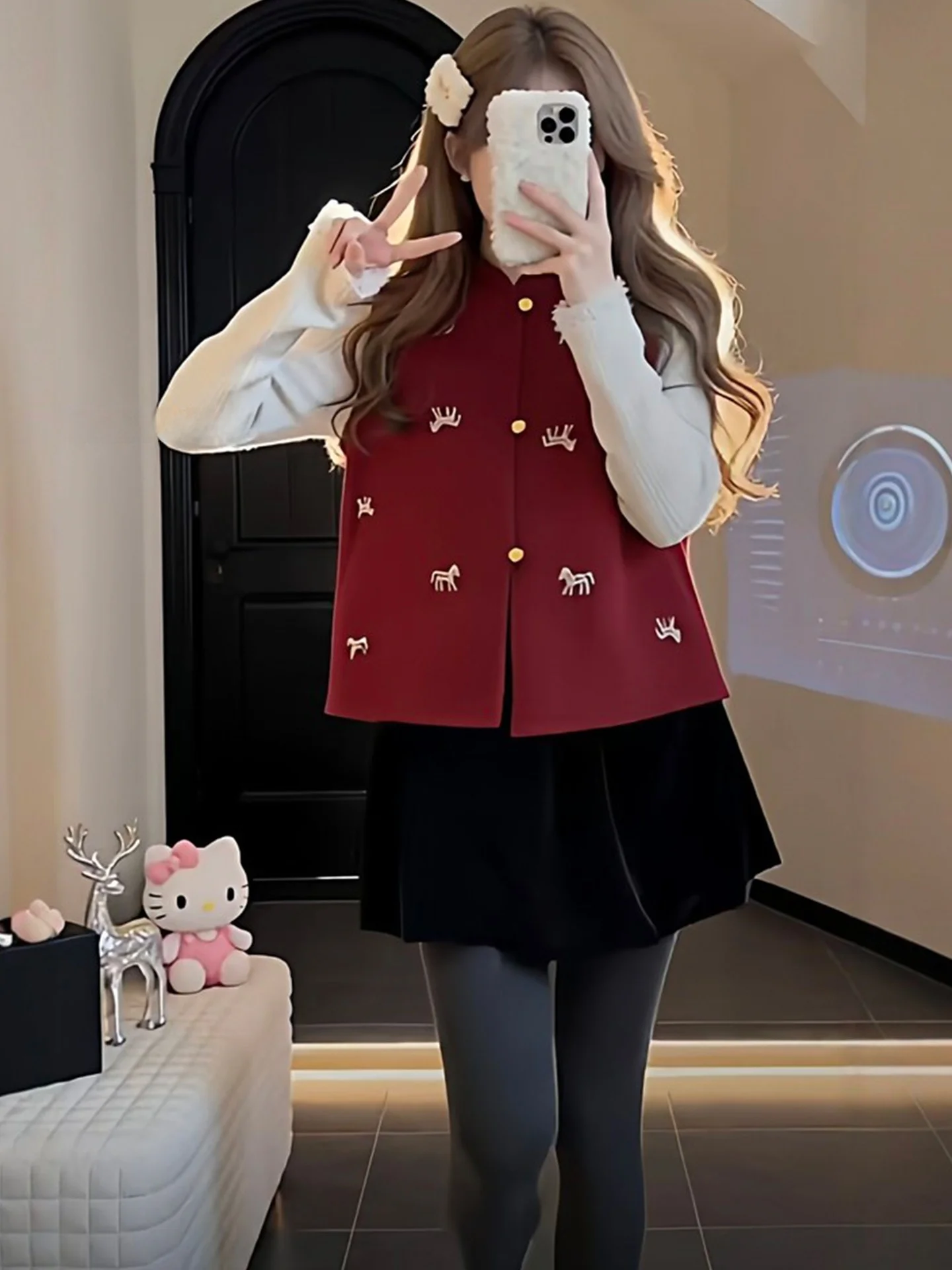 

Red Embroidered Svel Vest Set for Women Faionable Spring Outfit Small Design Warm Casual Sle round Neline