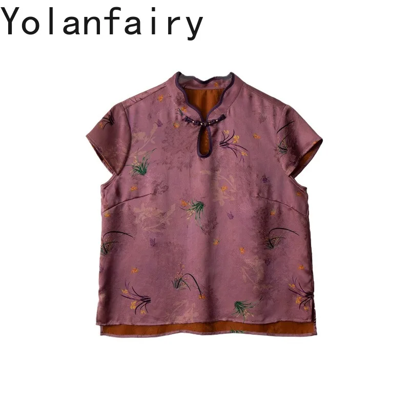 YOLANFAIRY 100% Real Mulberry Silk T Shirts Woman Summer Luxury Red Gambiered Satin Blouse Elegant Womens Tops Wrapped Sleeve