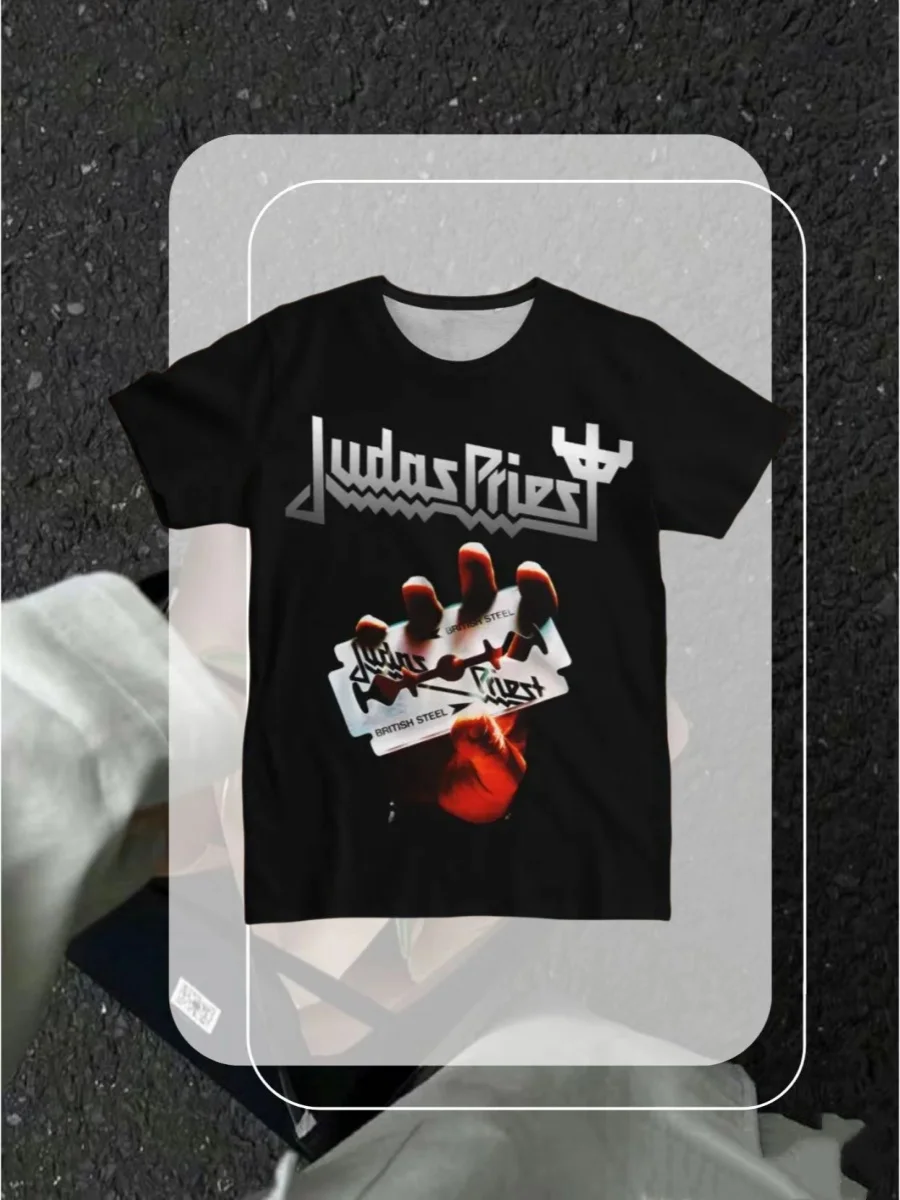 

2025 American Summer Fashion Casual Judas Priest Print Adult MenWomen and Children with The Same Personalized Short Sleeves