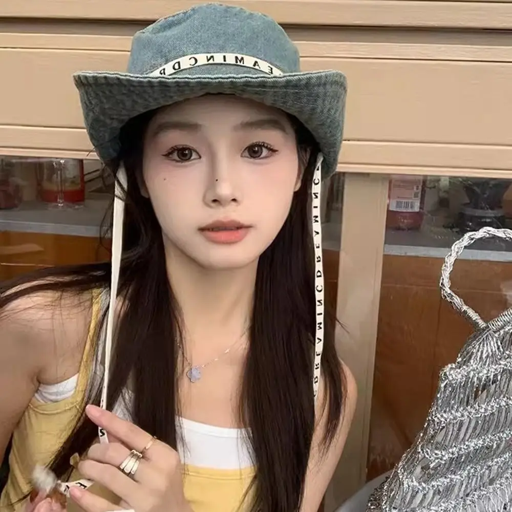 Retro Big Brimmed Denim Bucket Hat Letter Wide Wings Jeans Fisherman Hat With Tie Belt Sunscreen Sunscreen Hat Climbing