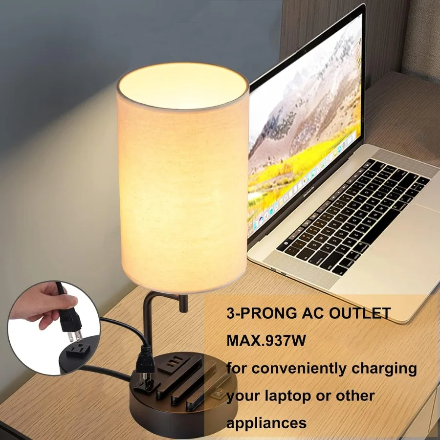 โคมไฟตั้งโต๊ะพร้อมพอร์ตชาร์จ USB 3 ช่อง โคมไฟตั้งโต๊ะทันสมัยพร้อมเต้ารับไฟฟ้าและที่วางโทรศัพท์ โคมไฟข้างเตียงที่สมบูรณ์แบบสำหรับห้องนอนและห้องนั่งเล่น
