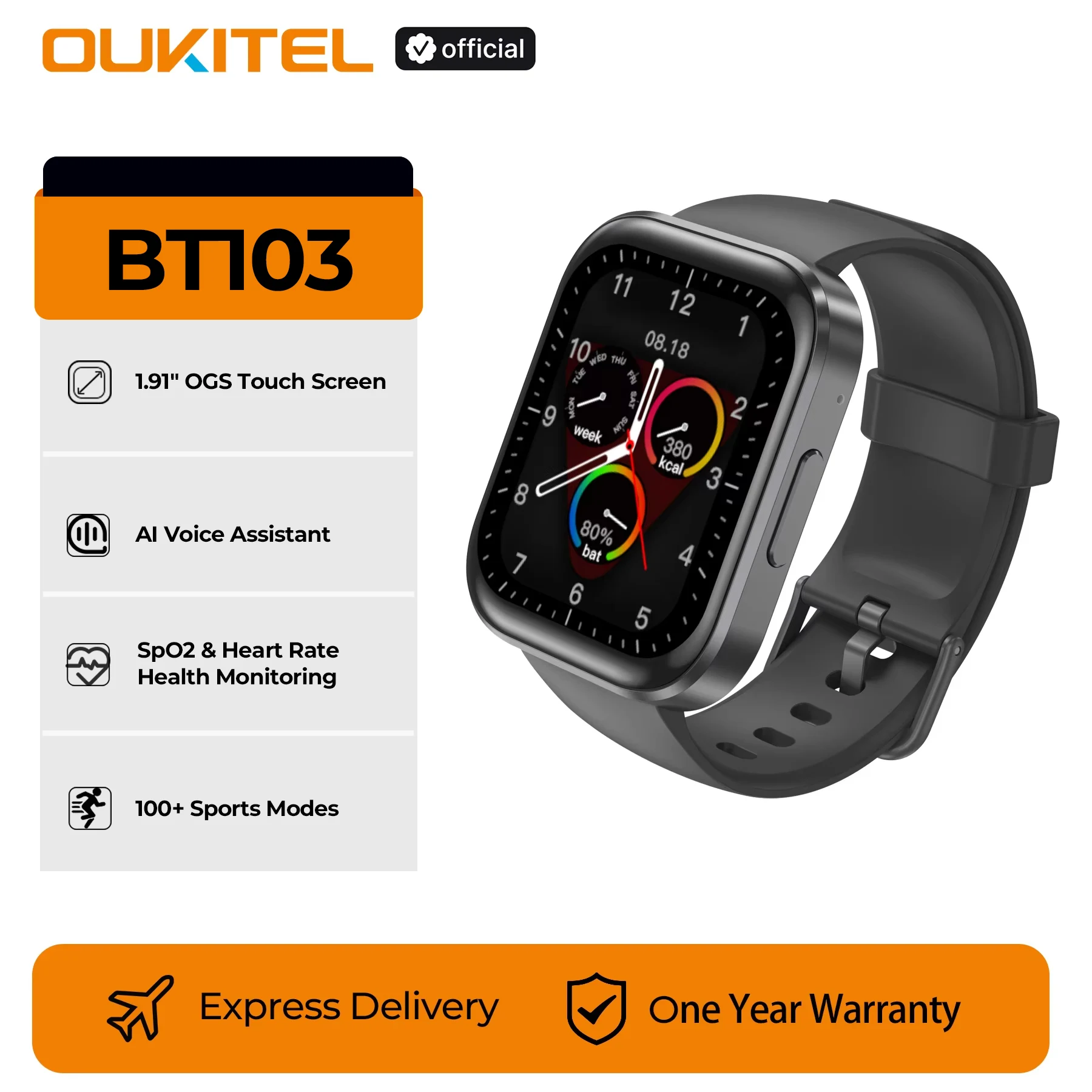 

OUKITEL Smartwatch BT103 Часы 1,91 ''HD-экран AI Голосовой помощник 300 мАч Bluetooth Телефонные звонки Отслеживание здоровья и фитнеса