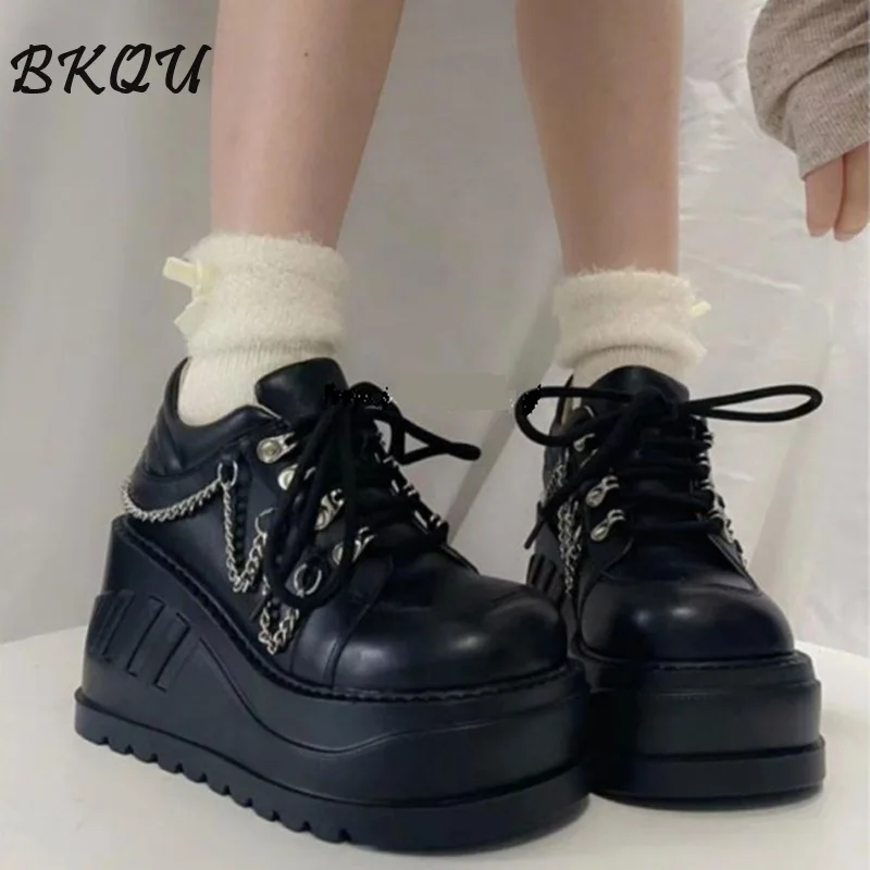 

BKQU Punk Small Leather Shoes Shorty Leko Elevating Platform Shoes Women Dark Goth Extra Head Personality Shoe Trend Mary Jane