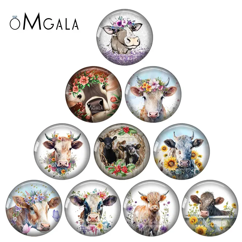 

New Flower Cattle Head Art Paintings 10pcs 12mm/18mm/20mm/25mm Round Photo glass cabochon demo flat back Making findings