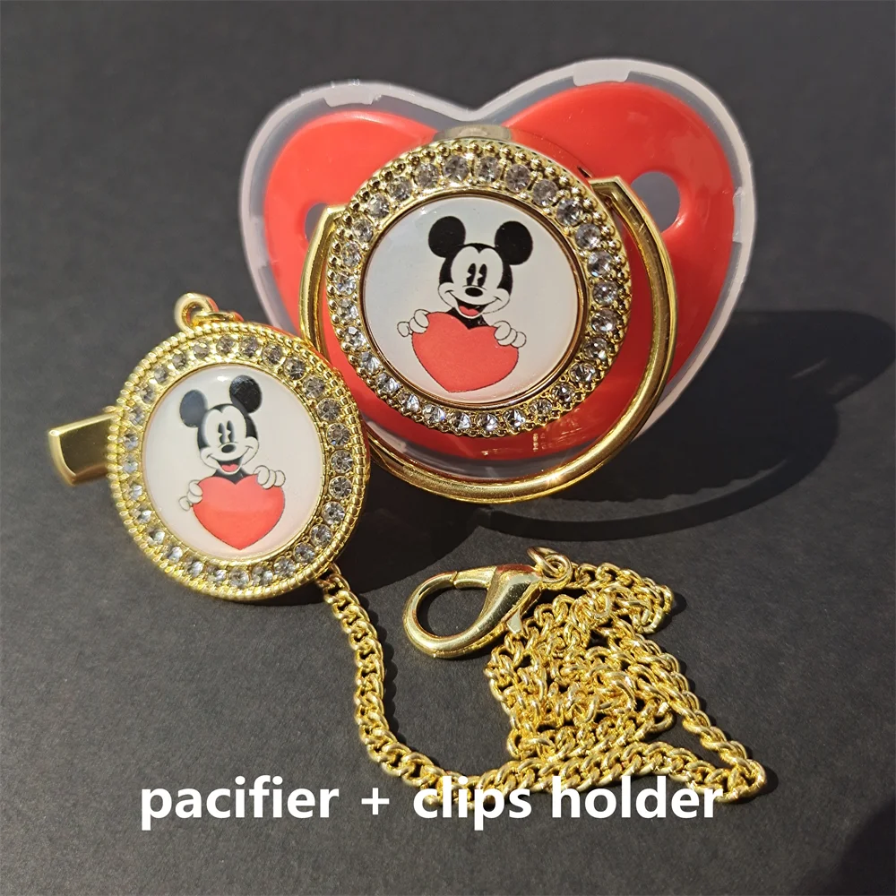 [1 Set] Disney Deluxe Mickey Pacifier with Chain Clip Bling Newborn Baby Girl Boy Pacifier Unique Baby Shower Gift Chupetes0-24M