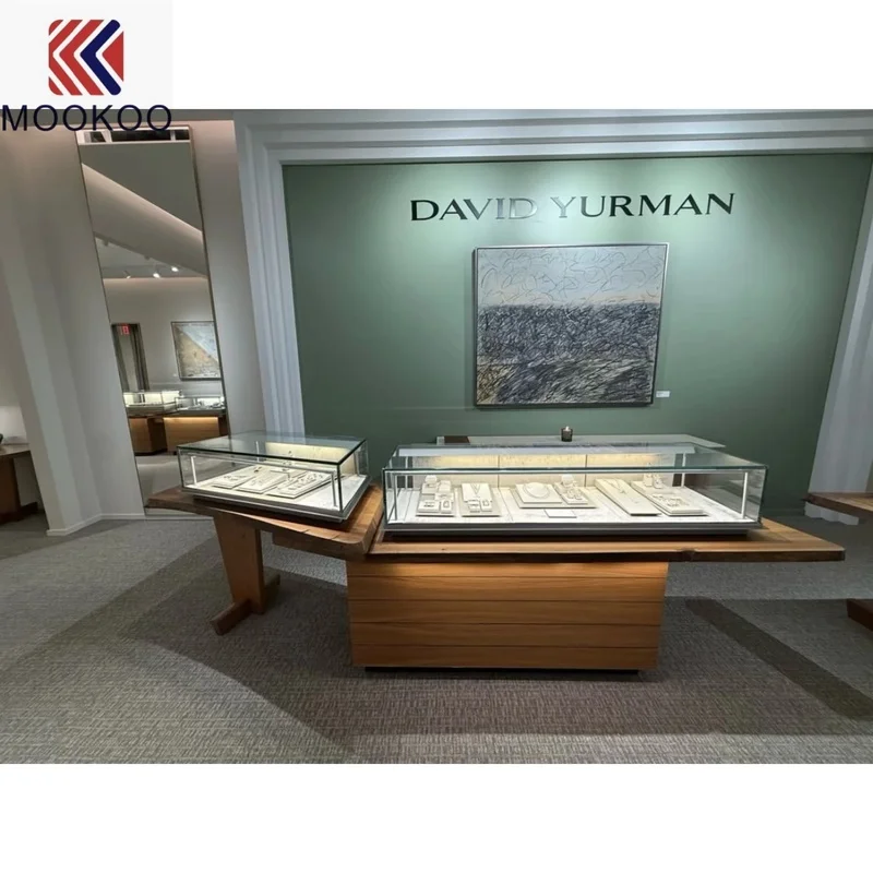 custom.Asymmetrical Wood Style Jewelry Display Table With Glass Showcase LED Light Jewellery Boutique