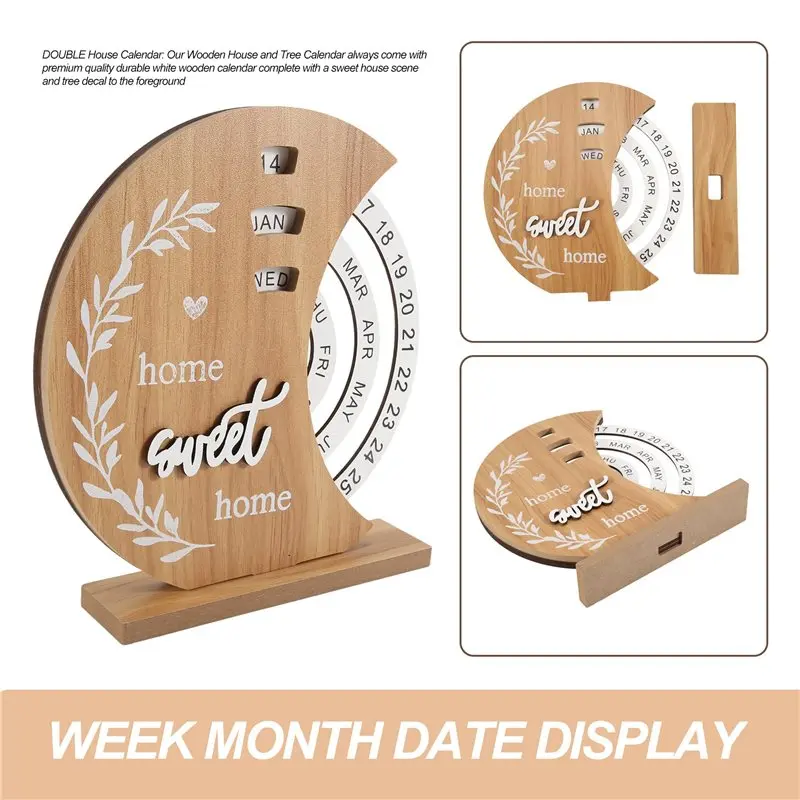 A44Z-Wooden Calendar Home Porch Decoration Office Desktop Decoration Manual Rotating Desk Calendar Sweet House