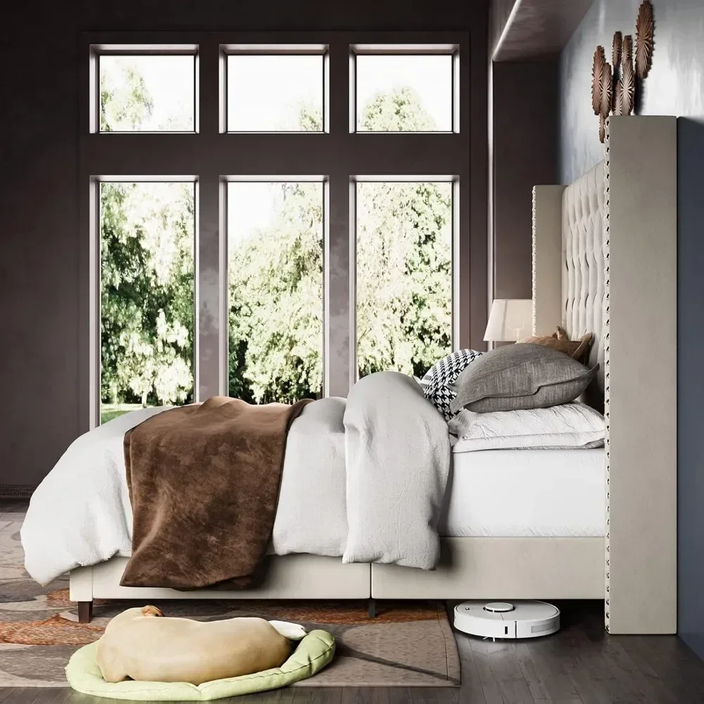 King Size Bed Frame, 61.4" Tall Headboard, Deep Button Tufted, Bed Frame