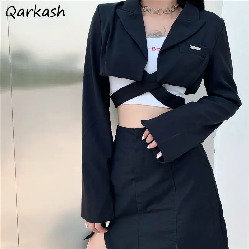 

Bandage Blazers for Women Black Straight High Street Coats Elegant Notched Ropa Mujer Vintage All-match Long Sleeve Korean Style