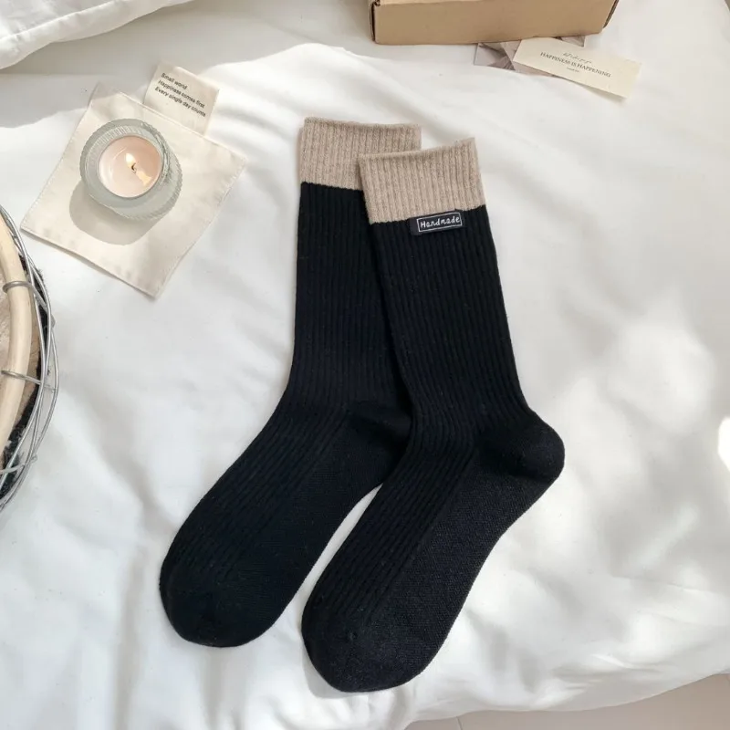 9 Pairs 2025 Fall Winter Color-Blocked Women's Mid-Calf Socks Casual Simple Cotton Socks Ladies Black Warm Socks High Quality