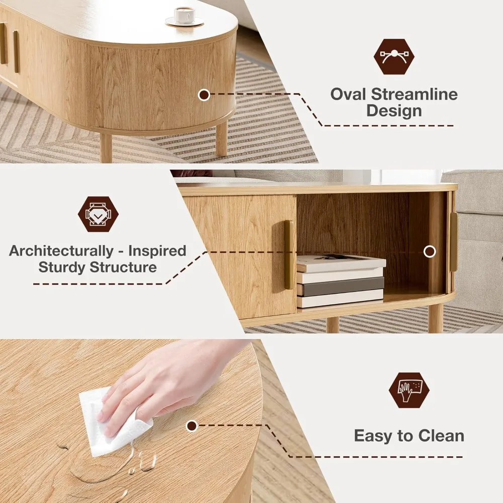 طاولة قهوة لغرفة المعيشة، طاولة قهوة بيضاوية حديثة مع خزائن وأبواب منزلقة، مساحة صغيرة للمنزل، 29.9 طاولة مركزية مخددة