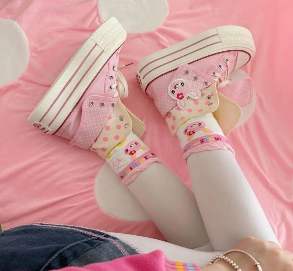 

Japanese Style Cute Piano Rabbit Polka Dot Thick Sole Pink Canvas Shoes New Spring Sweet Girl Student Kawaii High-top Pump Shoes