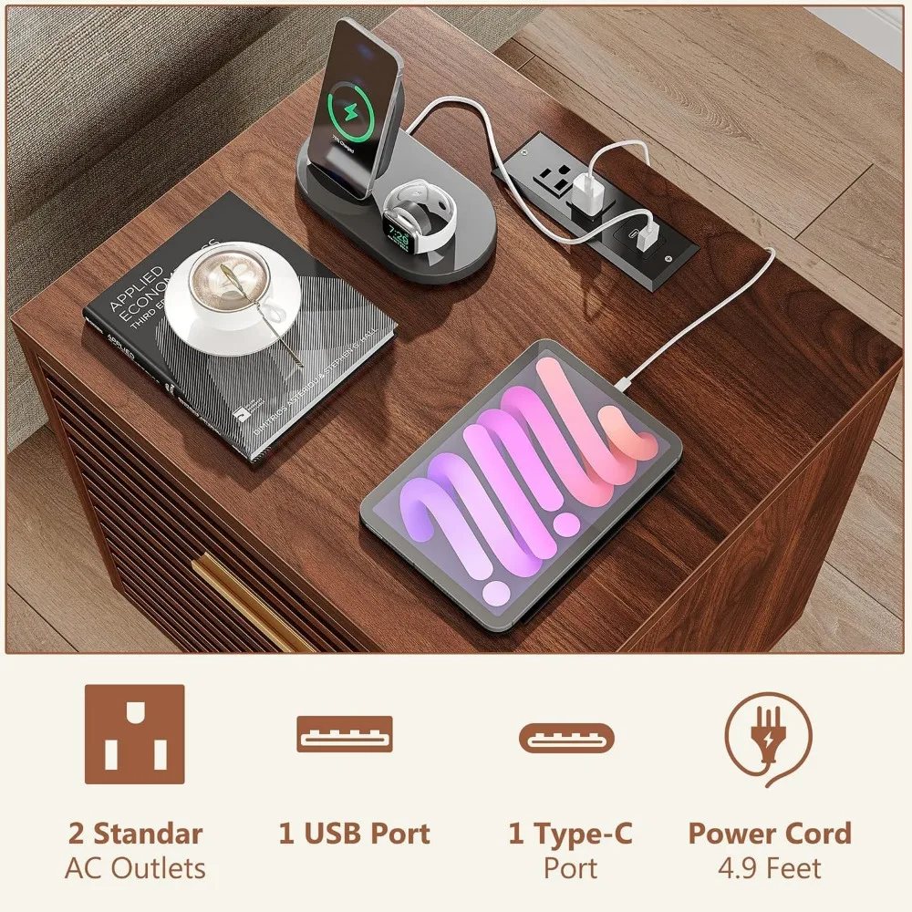 حوامل ليلية مع مجموعة محطة شحن مكونة من 2، طاولات ليلية حديثة لمنتصف القرن، طاولة بجانب السرير خشبية لغرفة النوم، طاولة نهائية مع مقاس S #3