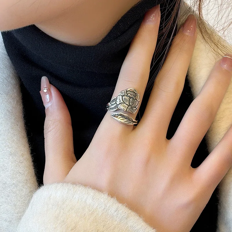 Buyee 925 Sterling Silver Female Big Ring Finger Peony Flower Open Ring for Women Fashion National Style Fine Jewelry Circle