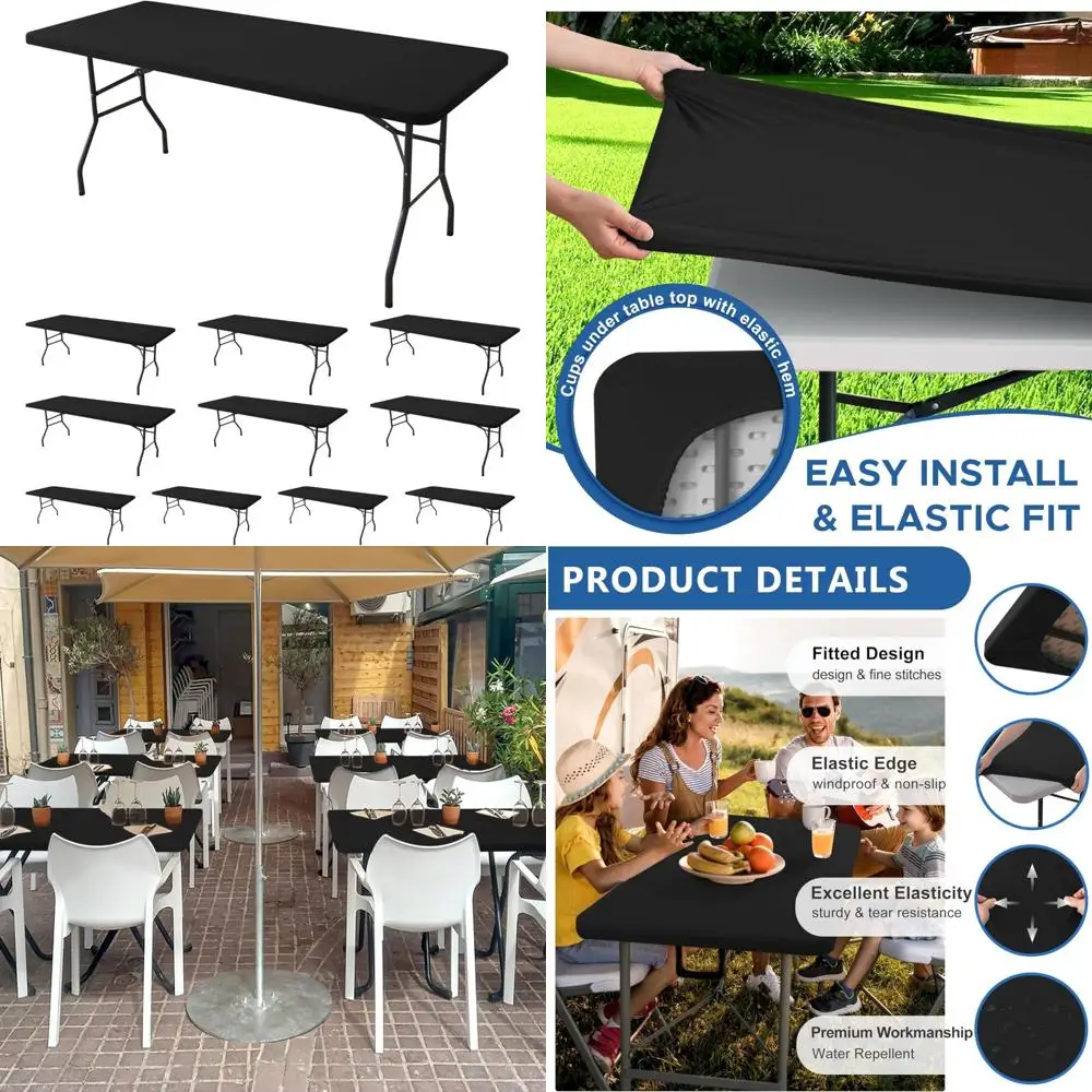 

Black Spandex Elastic Outdoor Picnic Tablecloths for 6-Foot Rectangle Tables, 10-Pack, Stretch Folding Table Covers