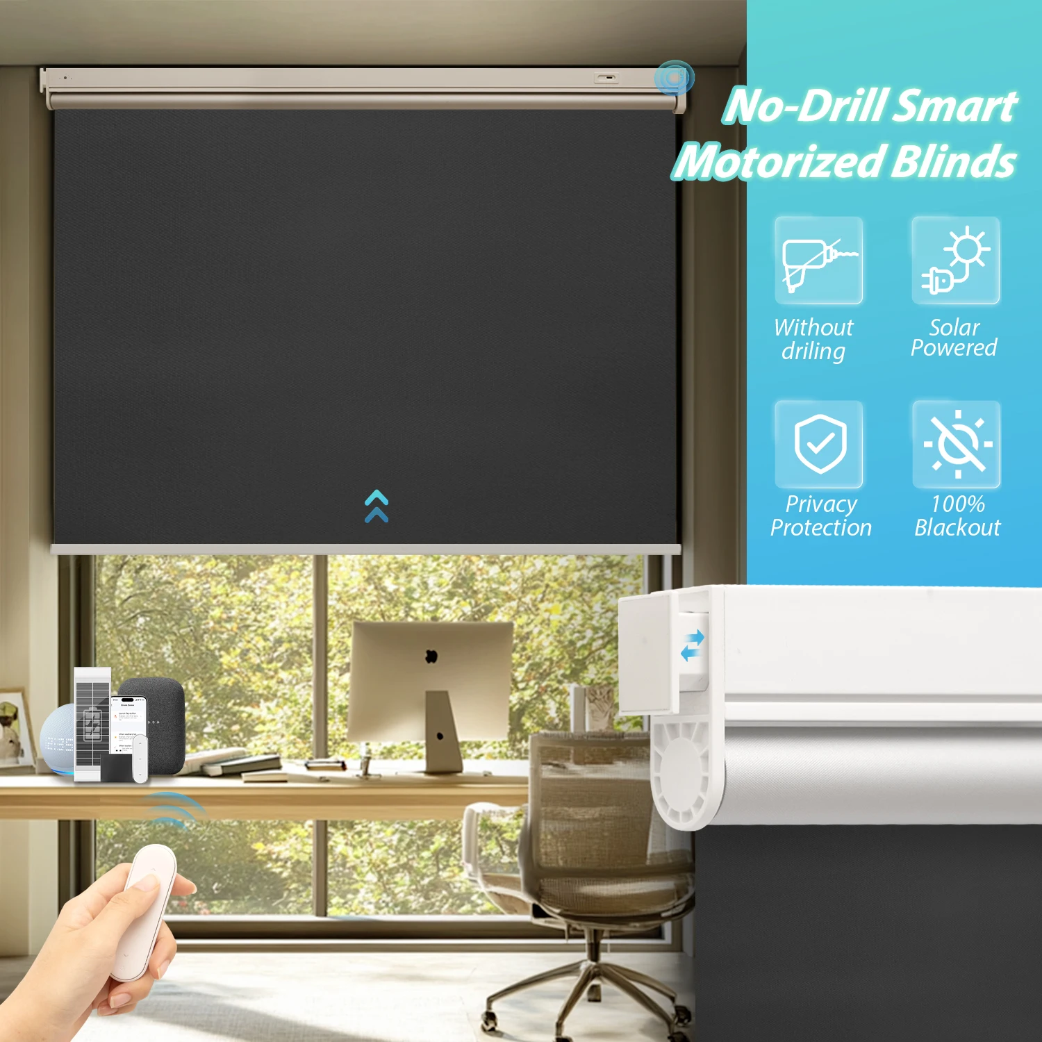 Solar panel electric remote control roller blind with 100% shading no drilling required easy to install cordless simple