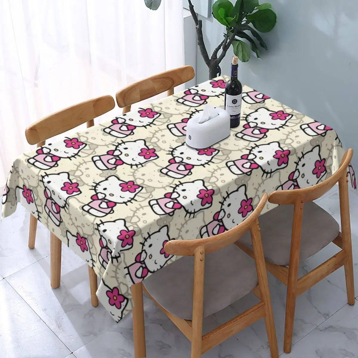 Custom Rectangular Waterproof Oil-Proof Cartoon Hello Kitty Sanrio Japan Anime Tablecloth Backing Table Cover Fit Table Cloth