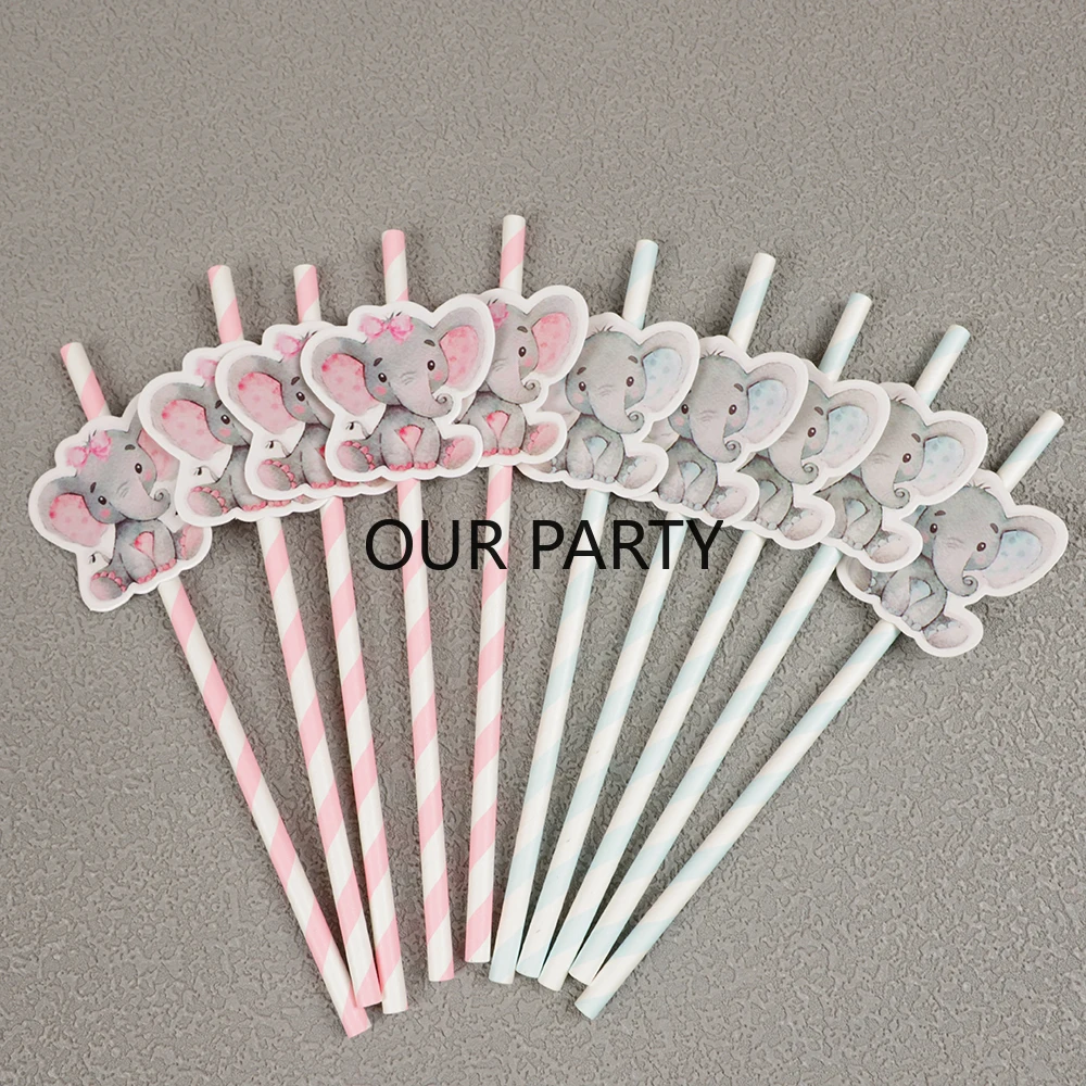 20Pc Cartoon Elephant Paper Straws Gender Reveal Theme Disposable Juice Drinking Straw for Kids Birthday Baby Shower Party Decor