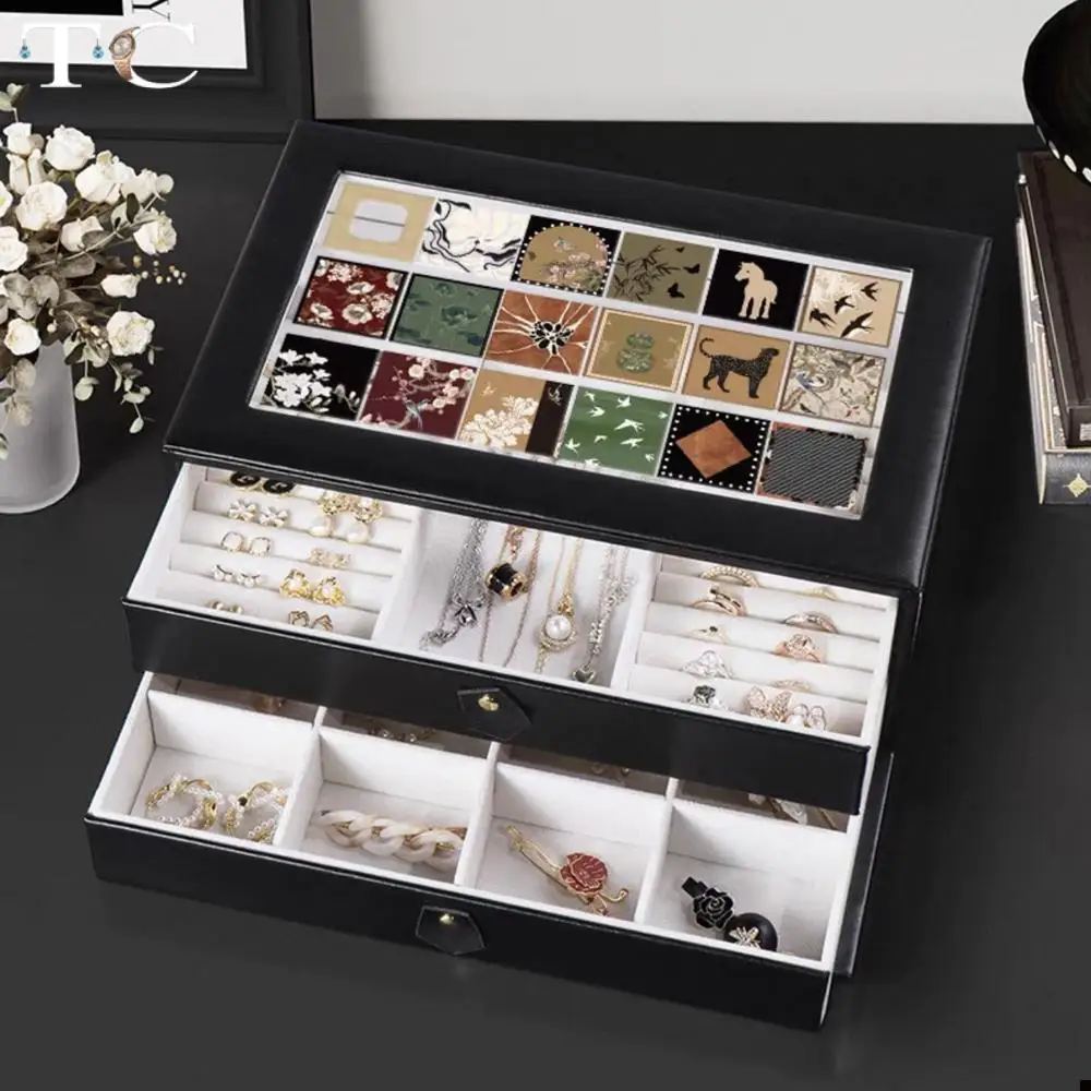 

Vintage Patchwork Leather Jewelry Box for Rings Earrings Necklaces Pendants Bracelets Large-Capacity Double-Layer Storage Box