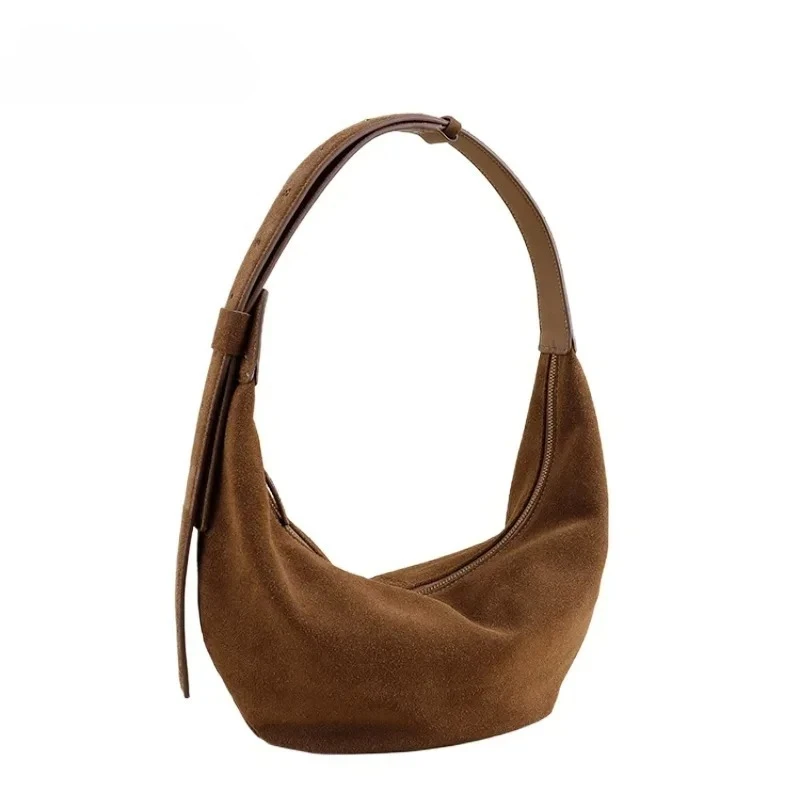 

New Underarm Bag Frosted Cowhide Hobo Tote Adjustable Handle Camel Coffee Color Genuine Suede Leather Women Armpit Shoulder Bag