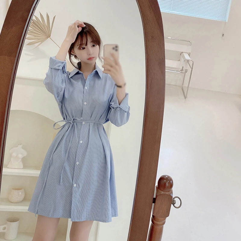 2024 Fashion Korean Striped Collar Lace up Casual Sweet Temperament Mid length Long sleeved Shirt Dress