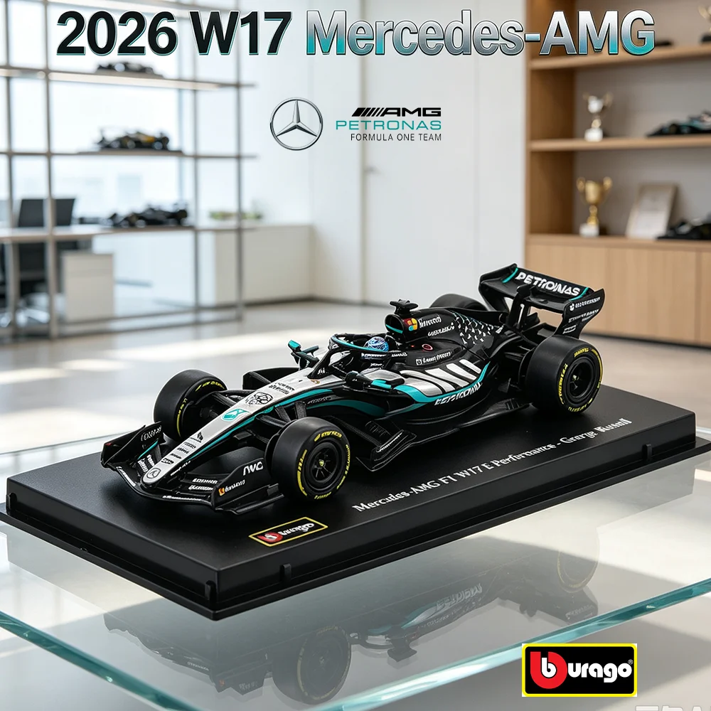 bburago-1-43-f1-メルセデス・ベンツ-2026-w17-63-ジョージ・ラッセル-12-キミ・アントネッリ-合金製ダイキャストモデルカー、ヘルメット付き、防塵カバー