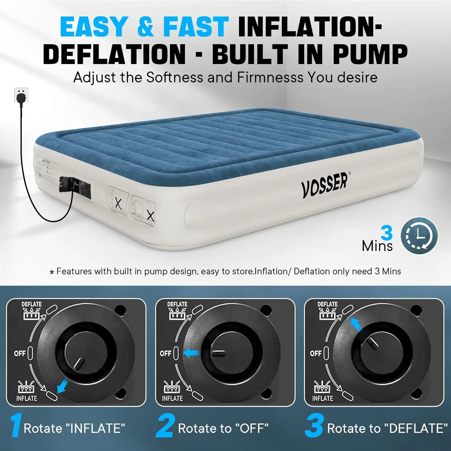 Air Mattress with Built-in Pump,Fast & Easy Inflation/Deflation Inflatable Mattress, Foldable Blow Up Mattress with Storag