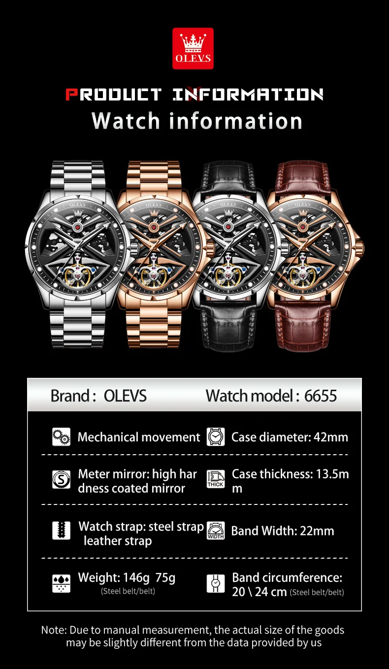 OLEVS Automatic Watch for Men Original Skeleton Luminous Waterproof Stainless Steel Leather strap Men Mechanical Watch Rose Gold