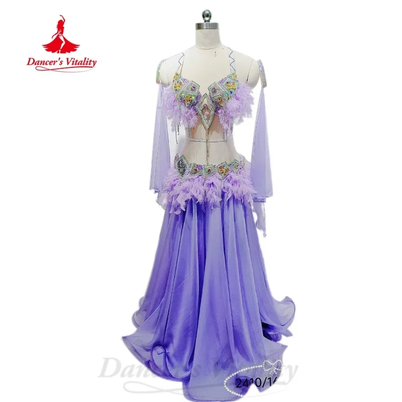 BellyDance Performance Wear Customized Luxury Diamond Bra+Premium Feather Long Skirt 2pcs Oriental Dance Competition Costume