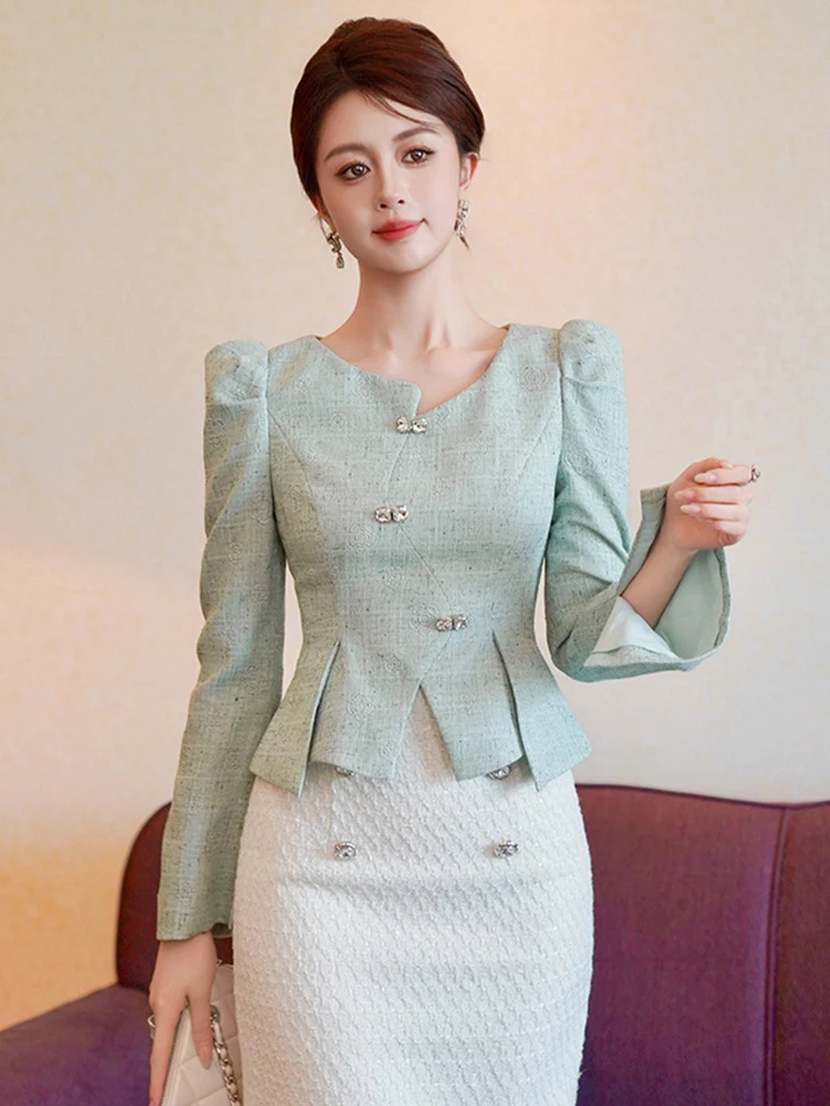 

Women's Sweet Elegant Tweed Cropped Blouse Female Puff Sleeve Ornate Buttons Ruffles Peplum Tops Femme Party Formal Shirt New