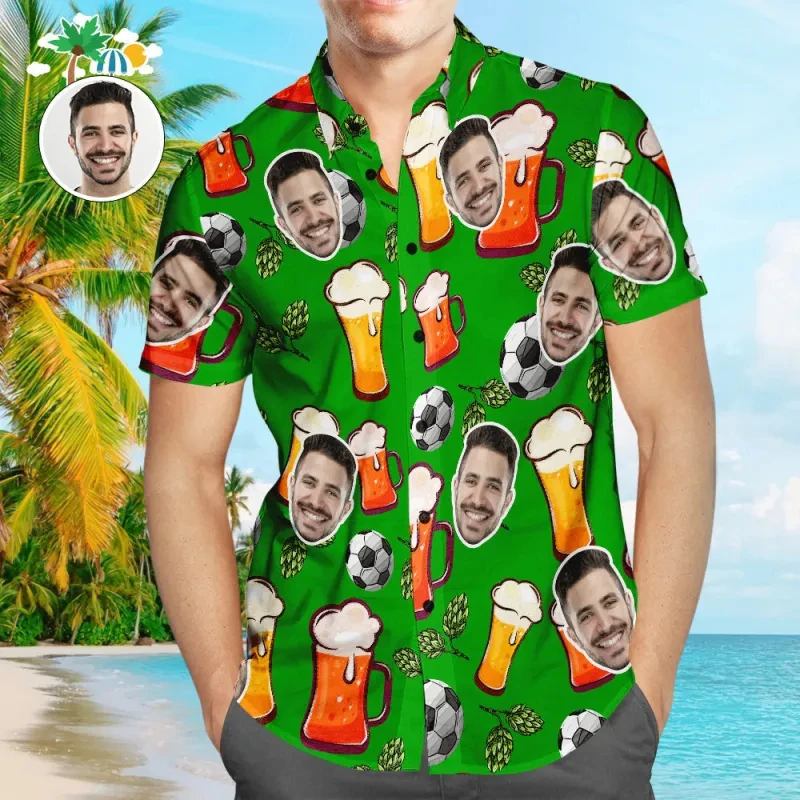 Fashion Custom Image Football Lovers Shirts For Men Hawaii Vacation Baseball Sport Beach Shirt DIY Photo Aloha Lapel Blouse Top