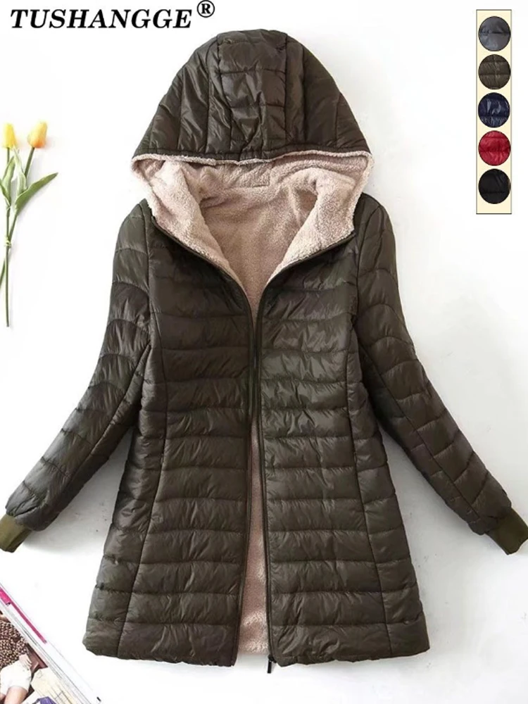 New Mid Length Korean Edition Hooded Fit Women Jackets Autumn Winter Mid-length Office Cotton Coats Warm Lamb Fleece Parkas