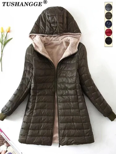 Imagen 2 del producto Nueva edición coreana de longitud media chaquetas con capucha para mujer Otoño Invierno abrigos de algodón de oficina de longitud media Parkas cálidas de lana de cordero