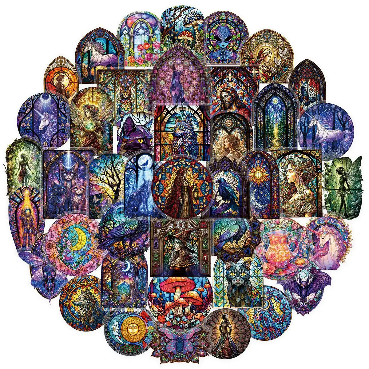 50-Pack Vintage Church Window Art Glass Transparent PET Graffiti Stickers Notebook Stationery Guitar Decorative Decals