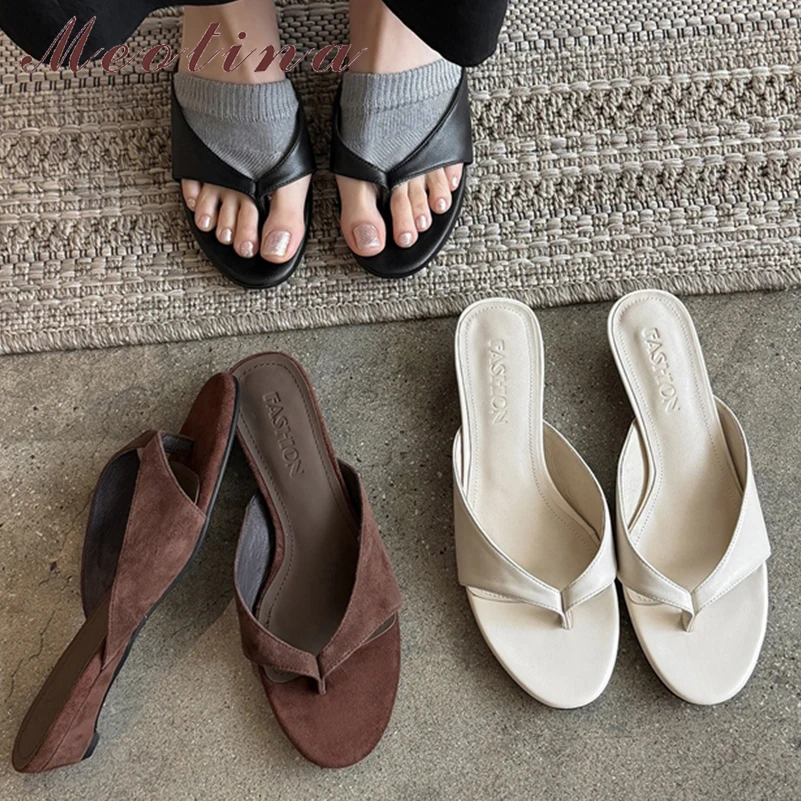Meotina Women Genuine Leather Flip Flop Slides Round Toe Sandals Sheepskin Slippers Ladies Fashion Casual Shoes Summer Coffee 40