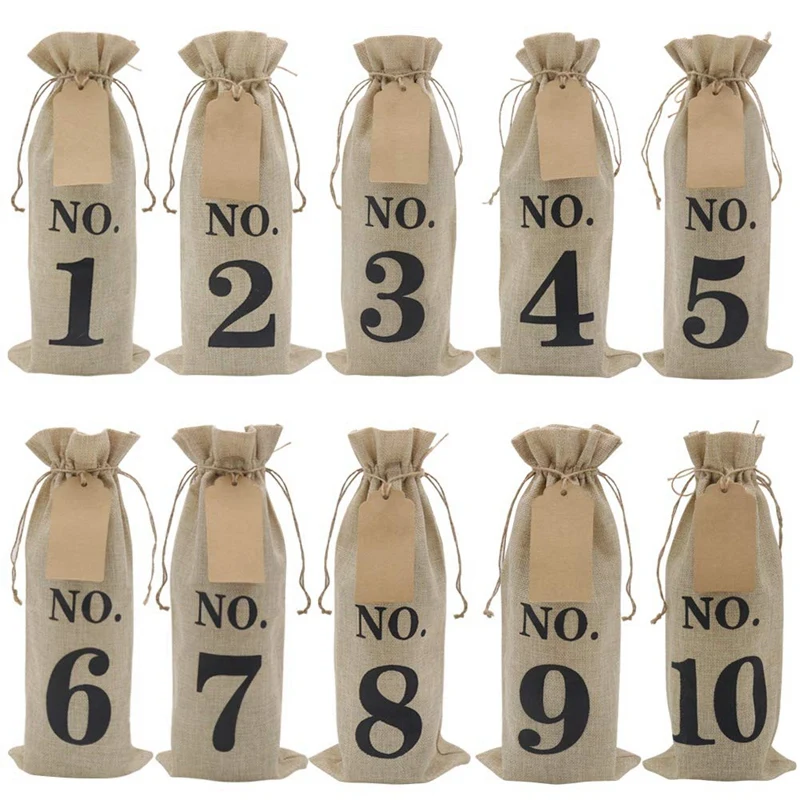 10Pcs Burlap Wine Bags With Tags For Blind Wine Tasting, Numbered Hessian Cloth Glass Bottle Gift Bags For Christmas Wedding Par